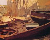 让 保罗 劳伦 : Barques au pied dune falaise en Normandie